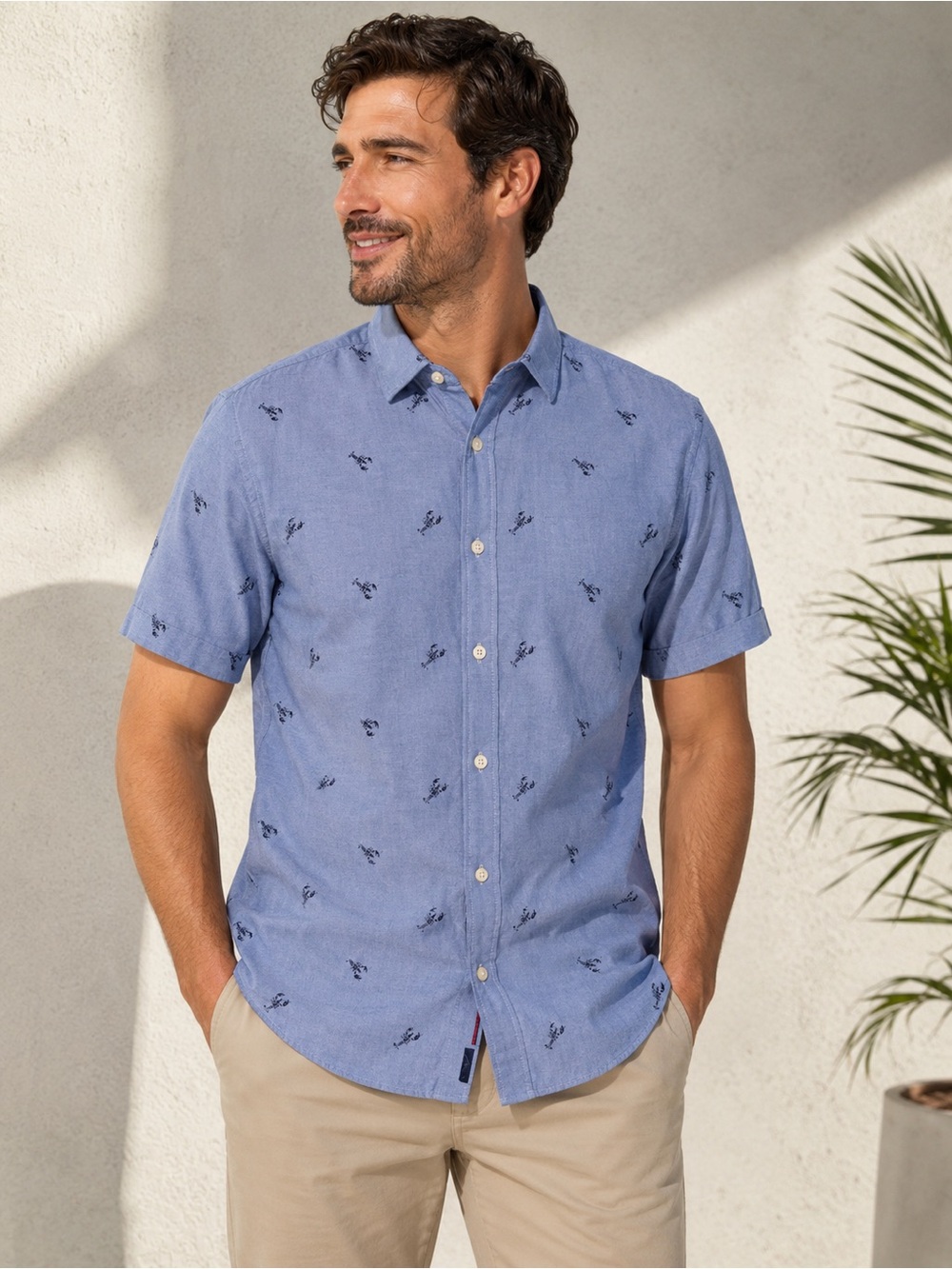 UNTUCKit Slim Fit Lobster Print Button Front Shirt Large Blue Cotton